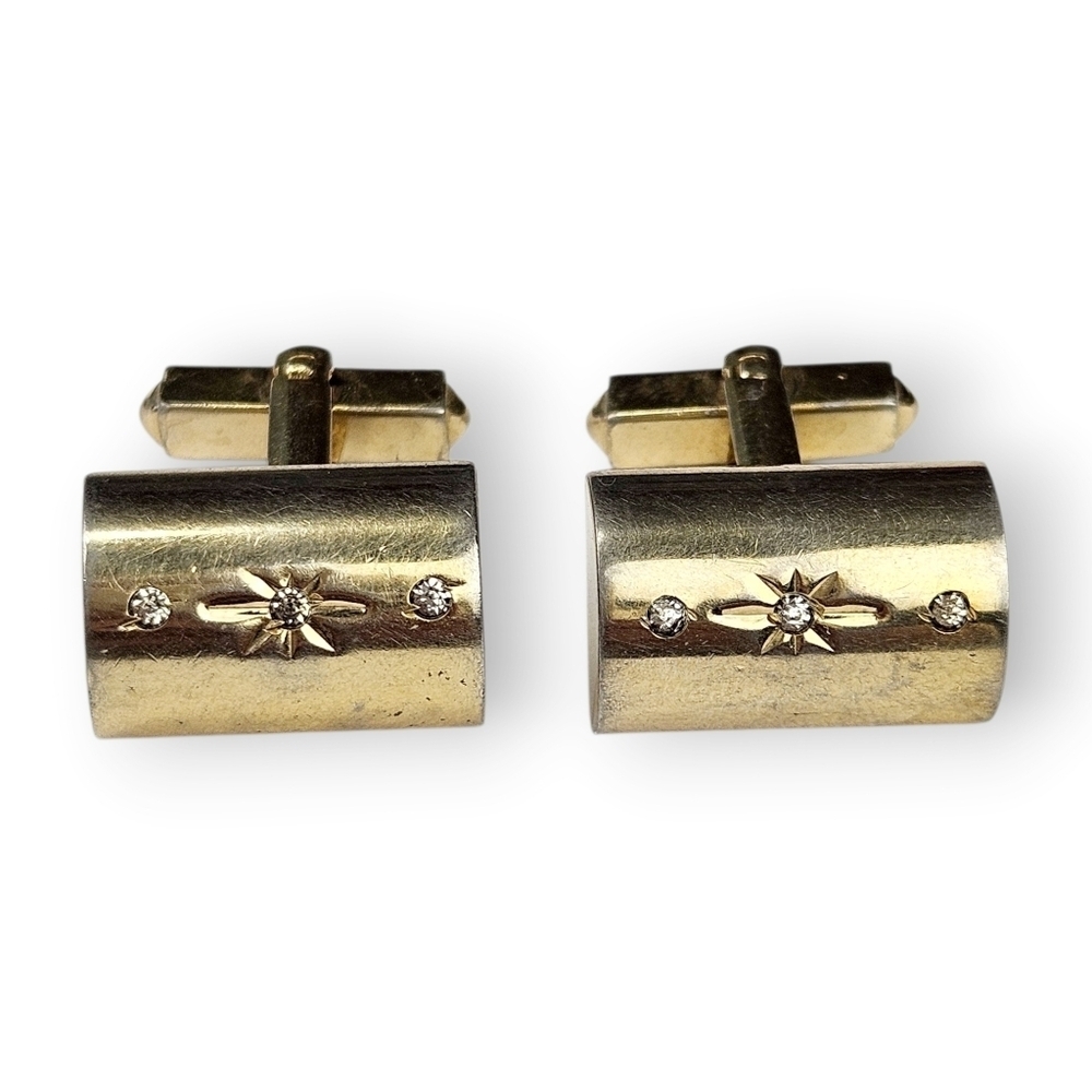 Atomic Starburst Cufflinks Oxford Rhinestone Half Cylinder Gold Plated Vintage